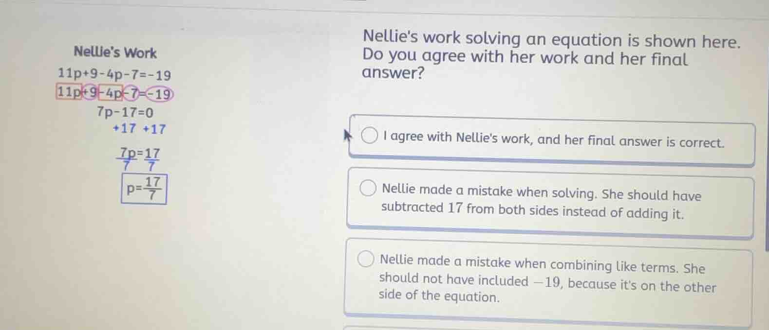 nellies work\ $11p + 9 - 4p - 7 = -19$\ $\\boxed{11p + 9 - 4p - 7 = -19…