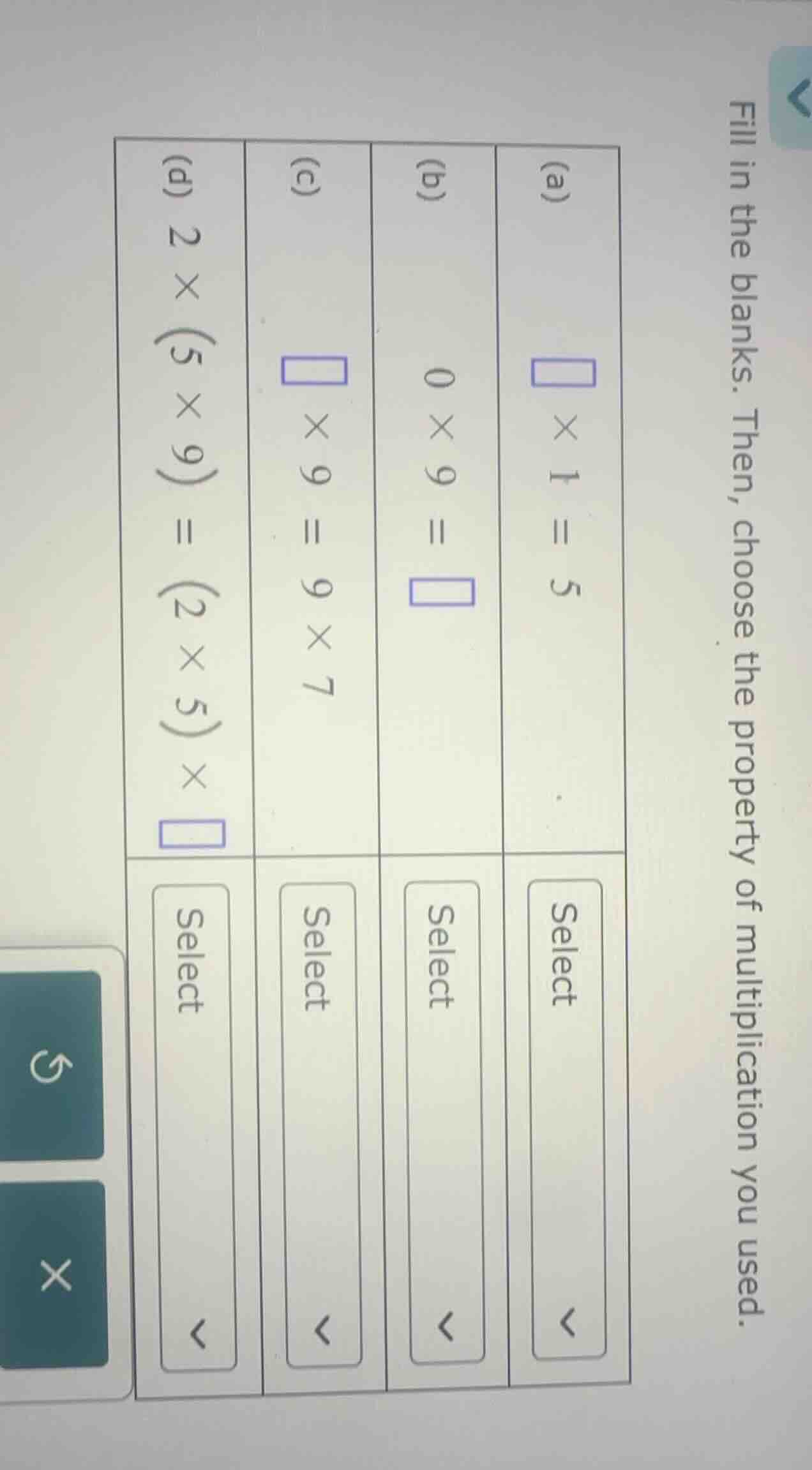 fill in the blanks. then, choose the property of multiplication you use…