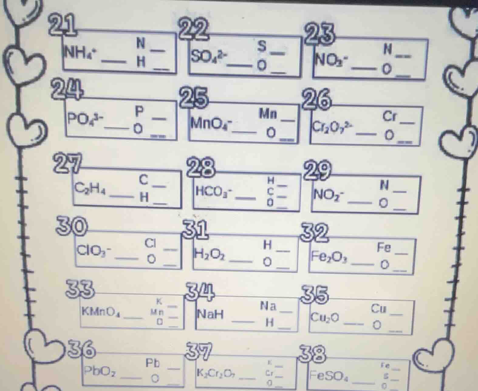 21 nh₄⁺ —— n __ h __ 22 so₄²⁻ —— s __ o __ 23 no₂⁻ —— n __ o __ 24 po₄³…