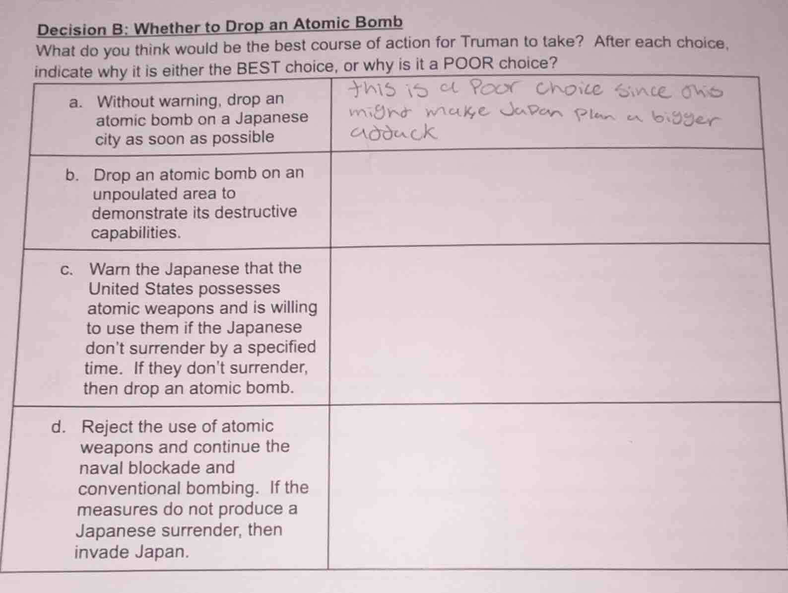decision b: whether to drop an atomic bomb what do you think would be t…