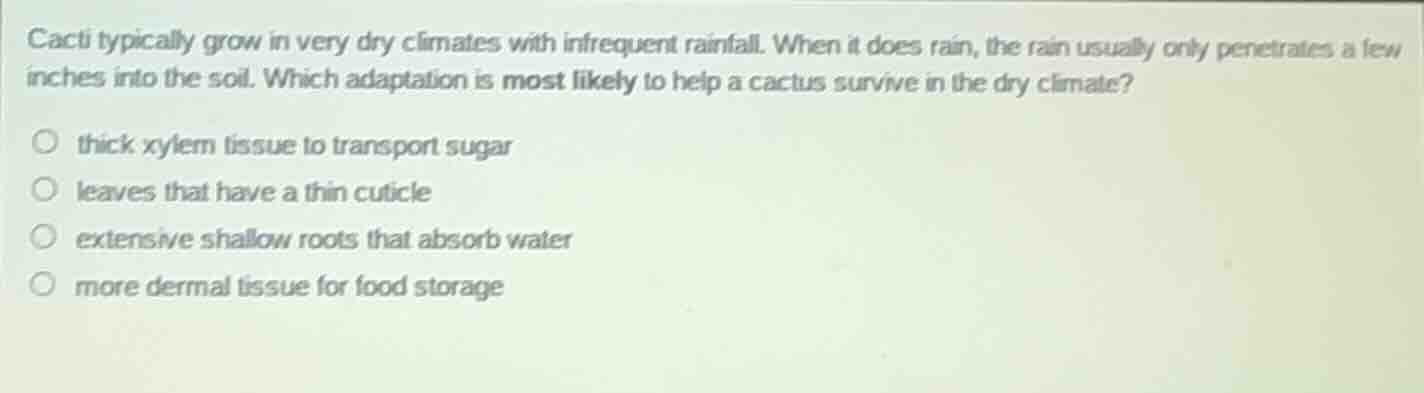 cacti typically grow in very dry climates with infrequent rainfall. whe…