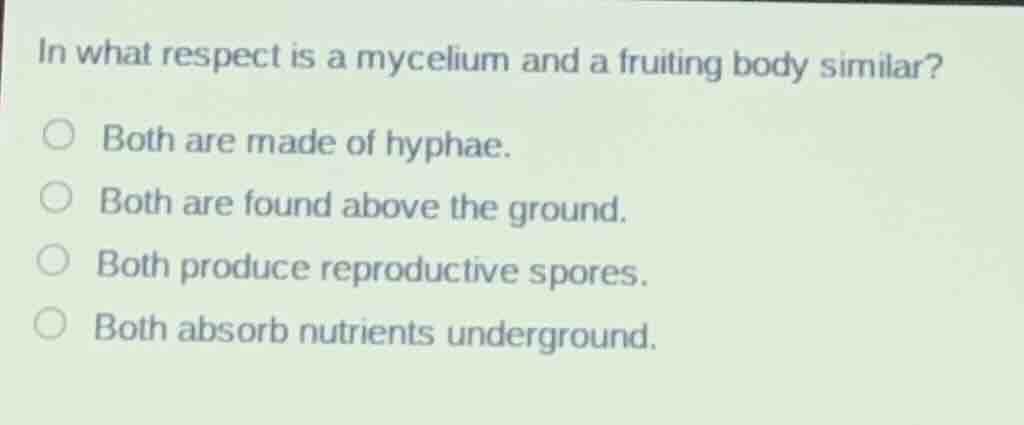 in what respect is a mycelium and a fruiting body similar? both are mad…