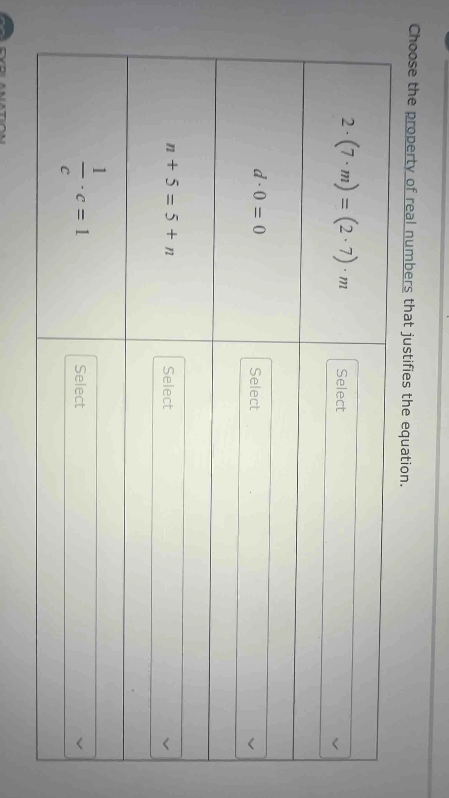 choose the property of real numbers that justifies the equation. 2·(7·m…