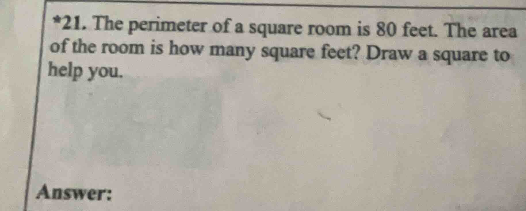 *21. the perimeter of a square room is 80 feet. the area of the room is…