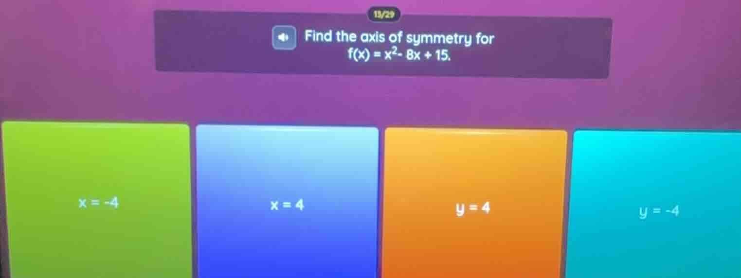find the axis of symmetry for f(x) = x² - 8x + 15. options: x = -4, x =…