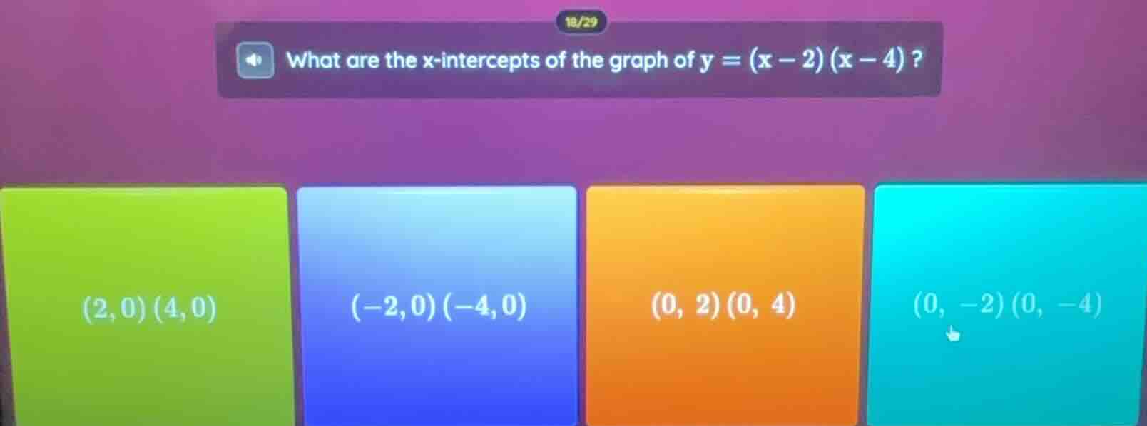 what are the x-intercepts of the graph of $y = (x - 2)(x - 4)$? (2, 0) …