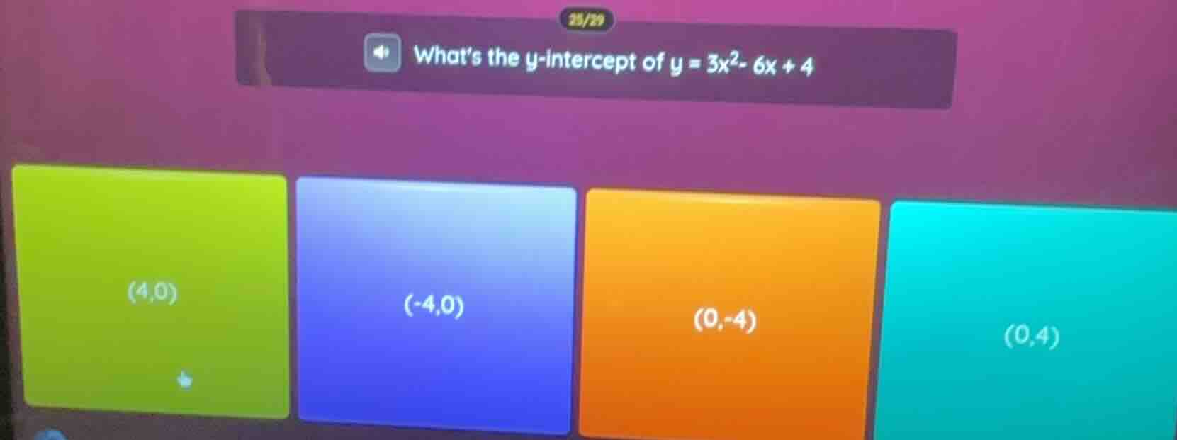 whats the y-intercept of $y = 3x^2 - 6x + 4$