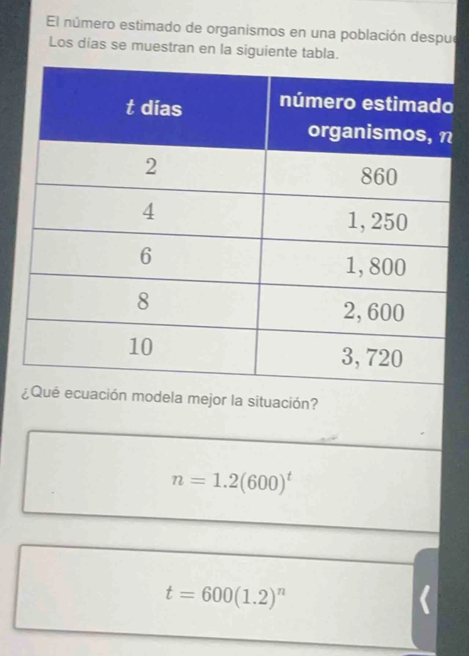 el número estimado de organismos en una población despue los días se mu…