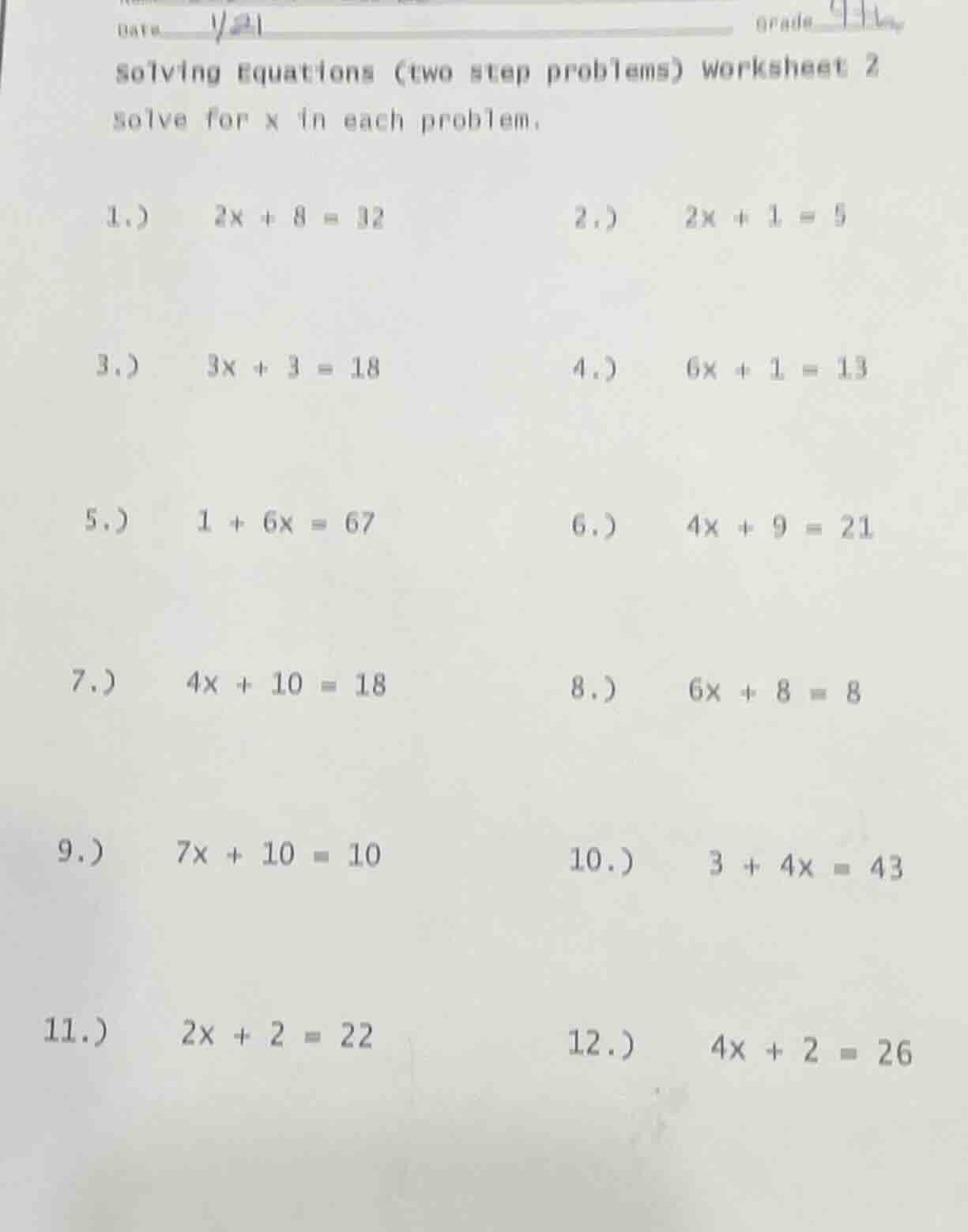 date 1/21 grade 9+1 solving equations (two step problems) worksheet 2 s…