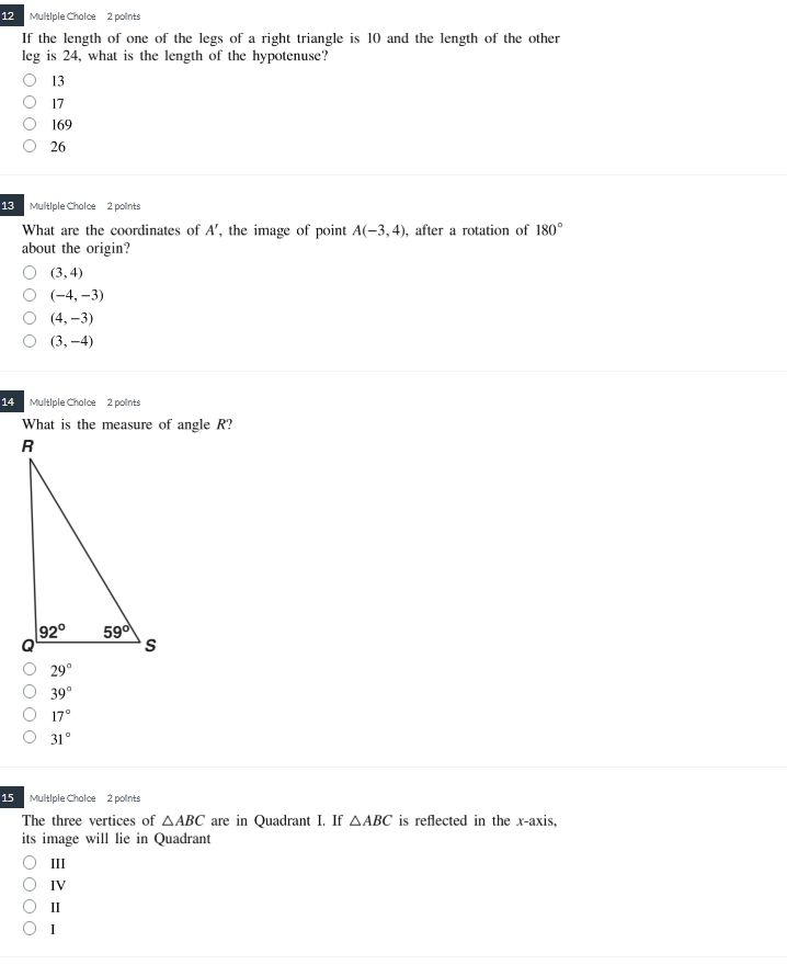 12 multiple choice 2 points if the length of one of the legs of a right…