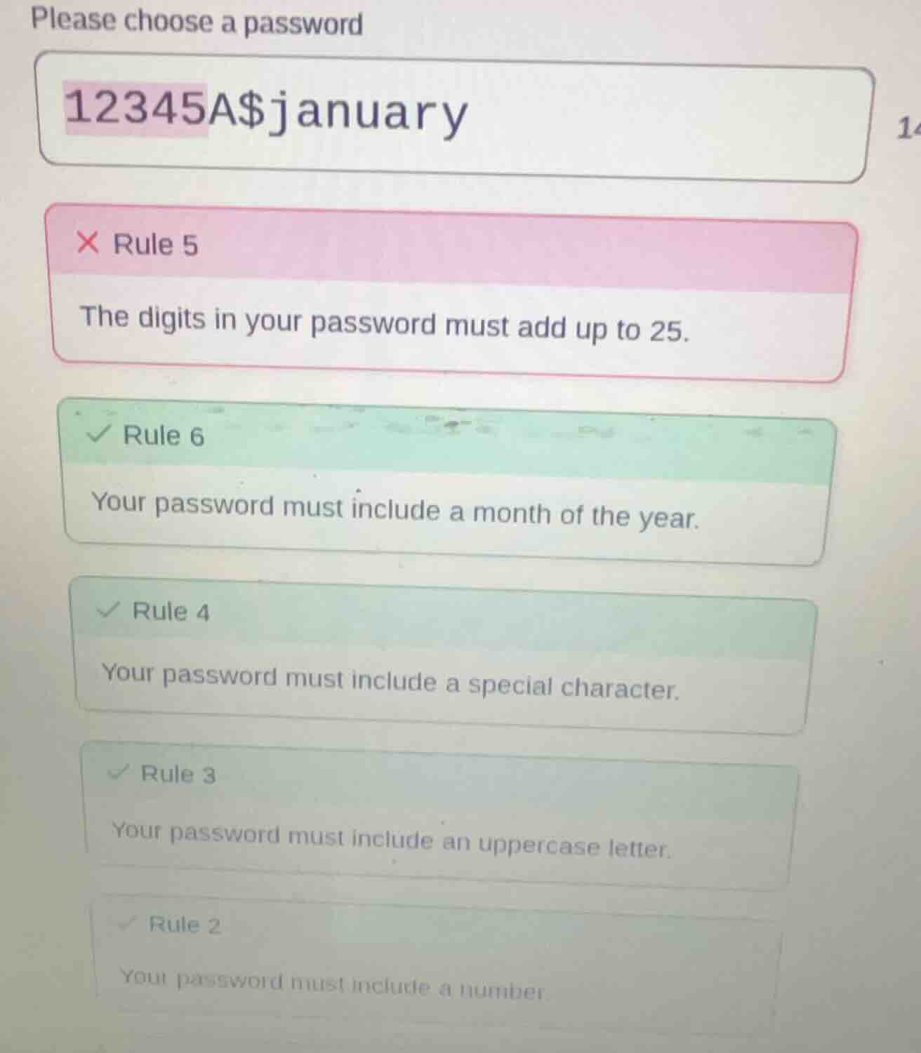 please choose a password 12345a$january × rule 5 the digits in your pas…