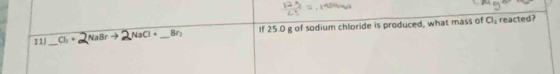 11) __cl₂ + 2 nabr → 2 nacl + __br₂ if 25.0 g of sodium chloride is pro…
