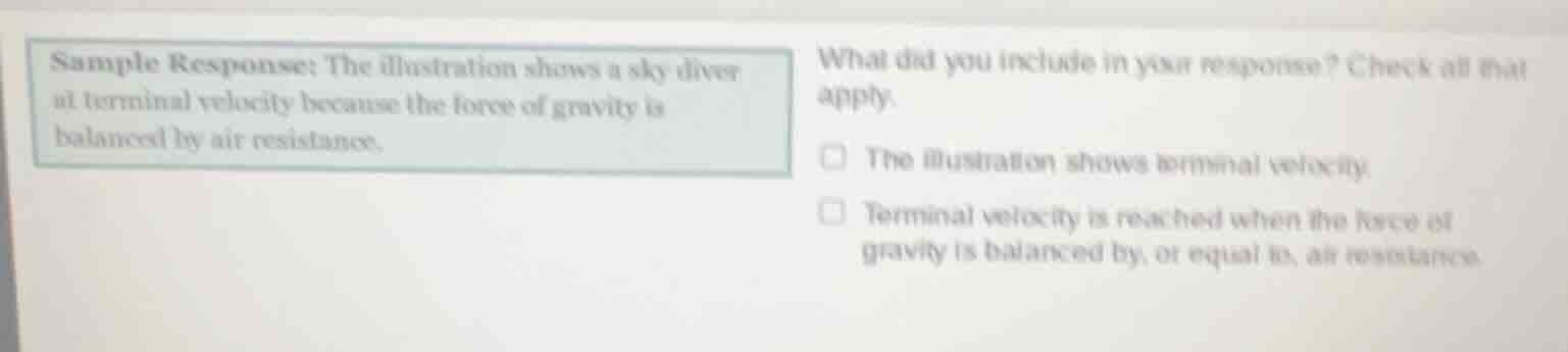 sample response: the illustration shows a sky diver at terminal velocit…