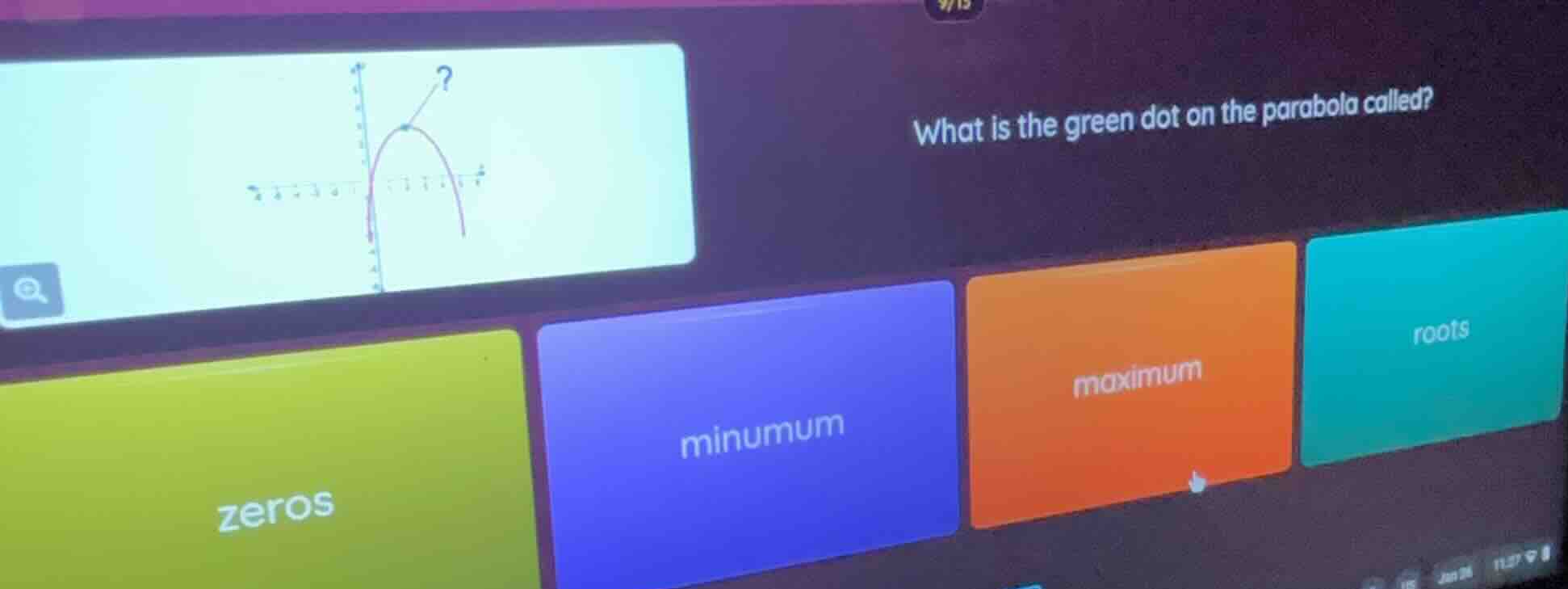 what is the green dot on the parabola called? zeros minumum maximum roo…