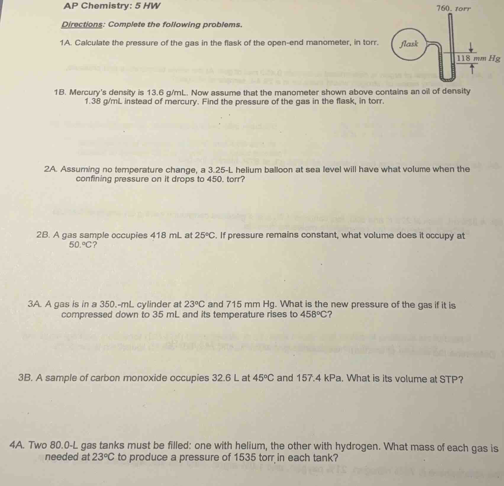 ap chemistry: 5 hw directions: complete the following problems. 1a. cal…