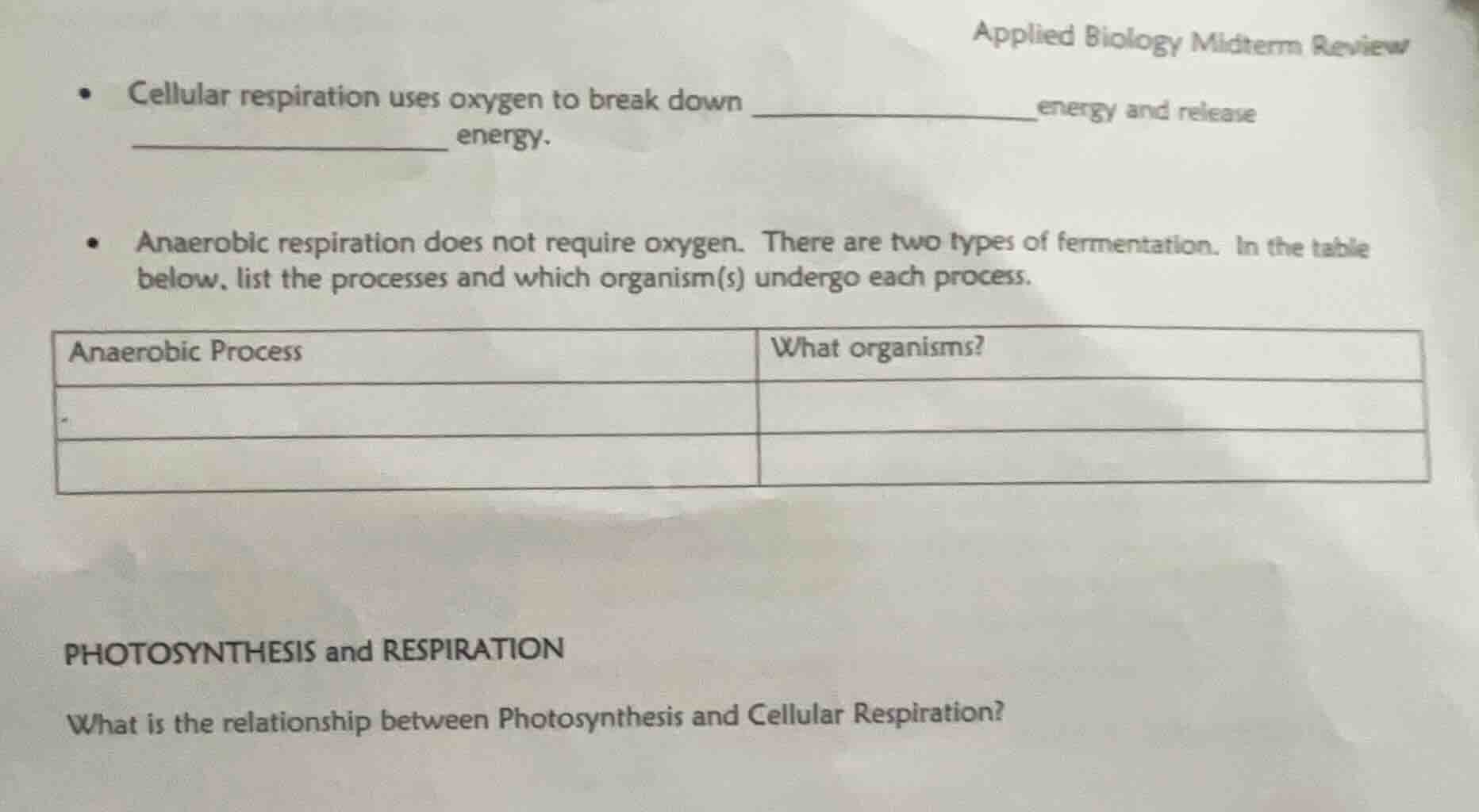 applied biology midterm review - cellular respiration uses oxygen to br…