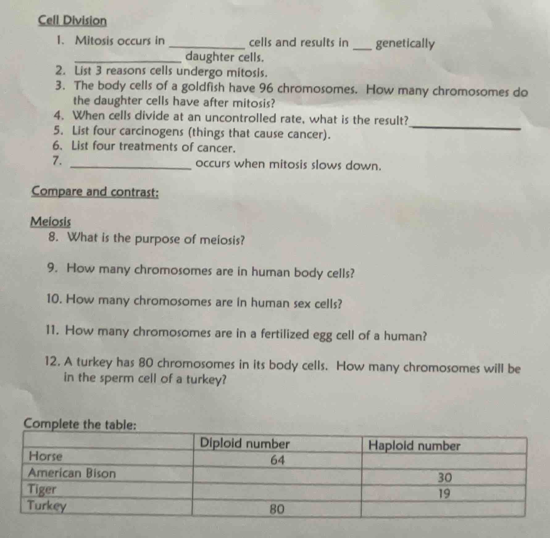 cell division 1. mitosis occurs in _________ cells and results in __ ge…