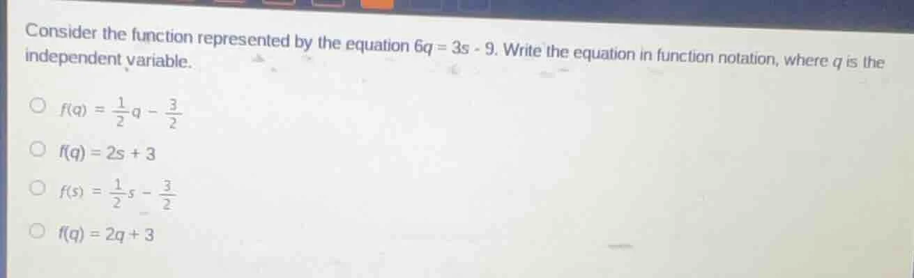 consider the function represented by the equation 6q = 3s - 9. write th…