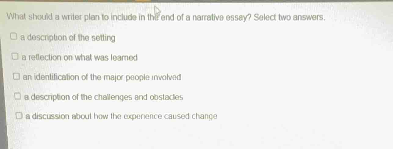 what should a writer plan to include in the end of a narrative essay? s…