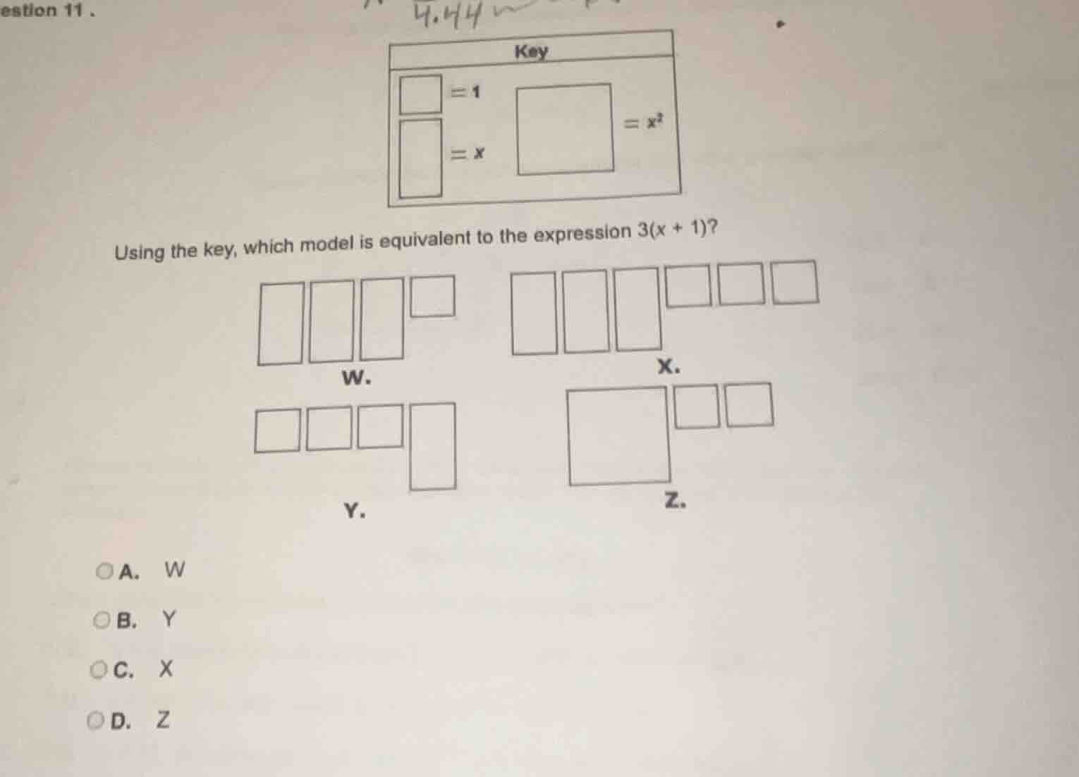 estion 11. key □ = 1 ▭ = x □ (larger) = x² using the key, which model i…