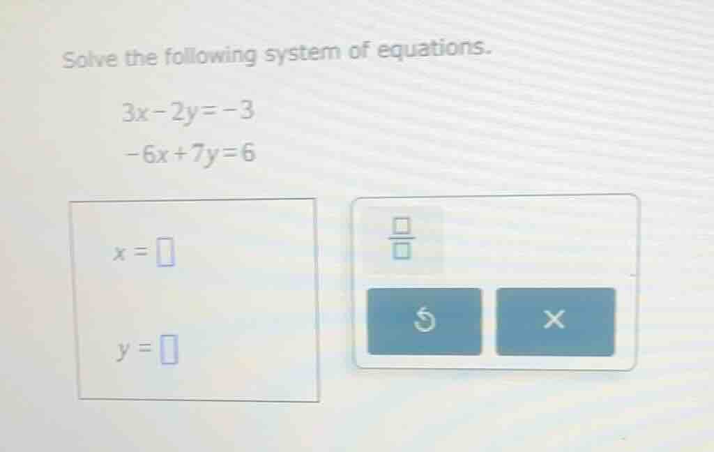solve the following system of equations. 3x - 2y = -3 -6x + 7y = 6 x = …