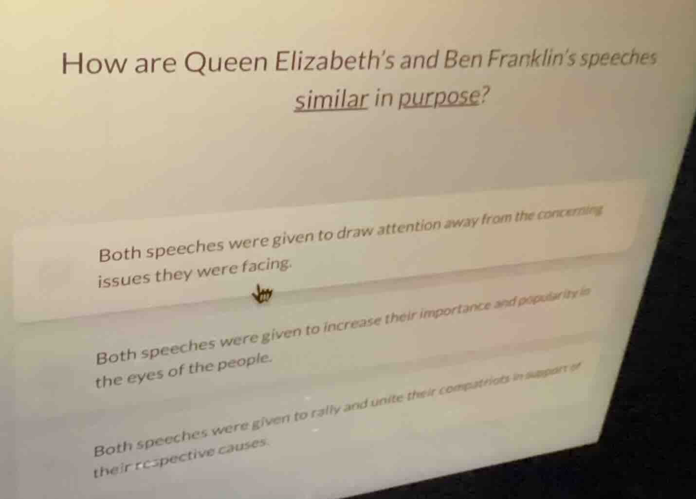 how are queen elizabeth’s and ben franklin’s speeches similar in purpos…