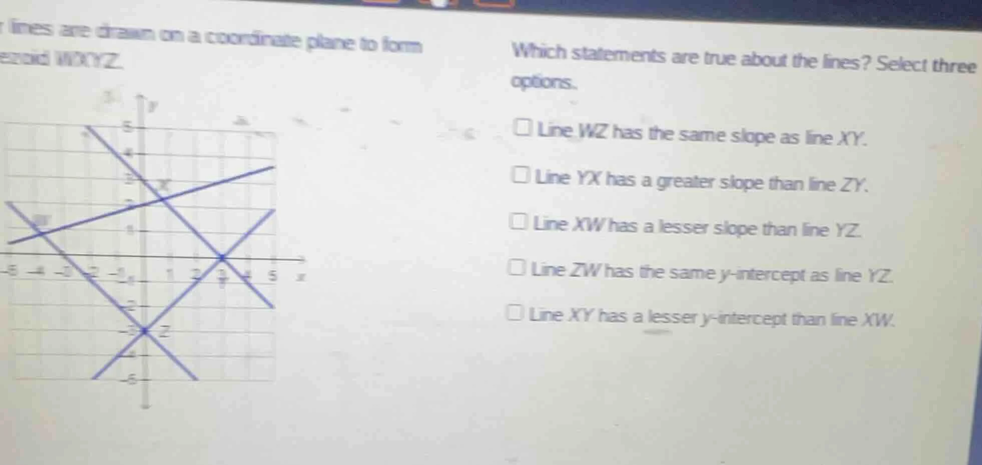 lines are drawn on a coordinate plane to form quadrilateral wxyz. which…