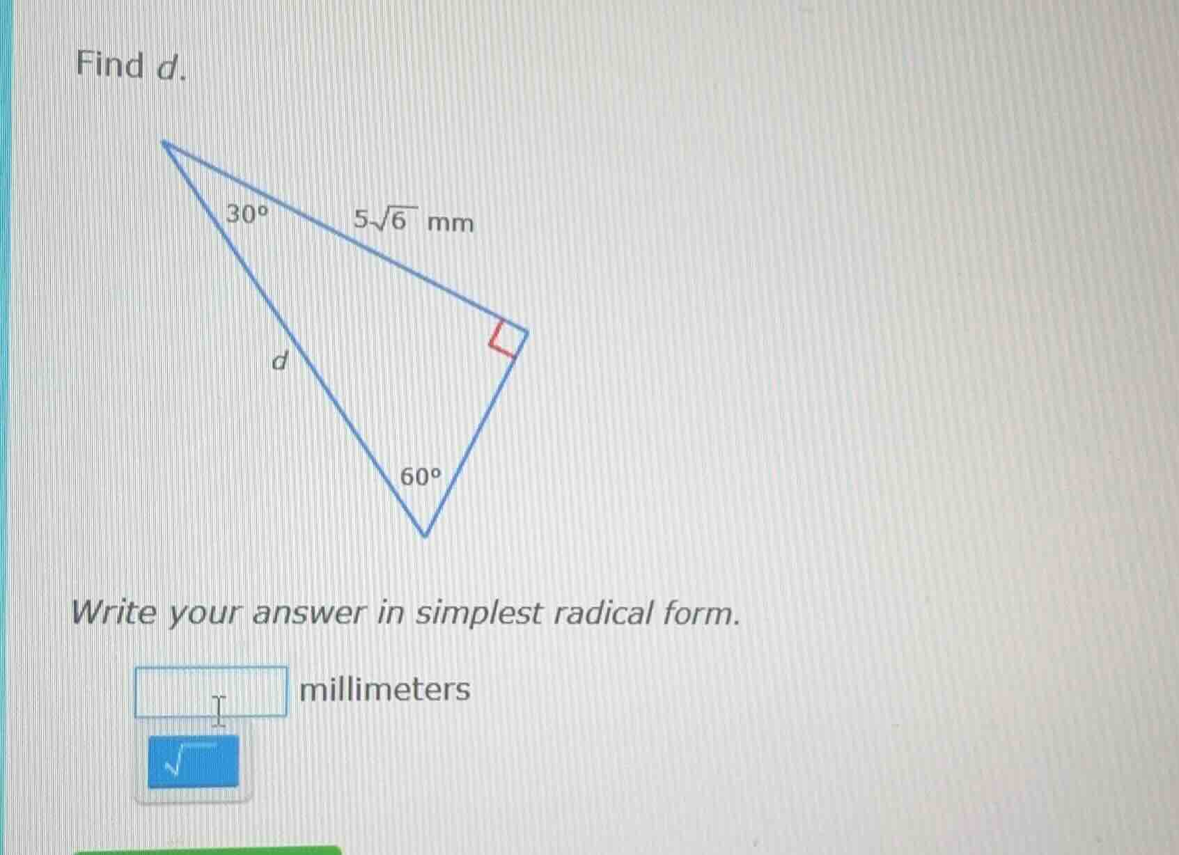find d. (there is a right - angled triangle in the image, with one angl…