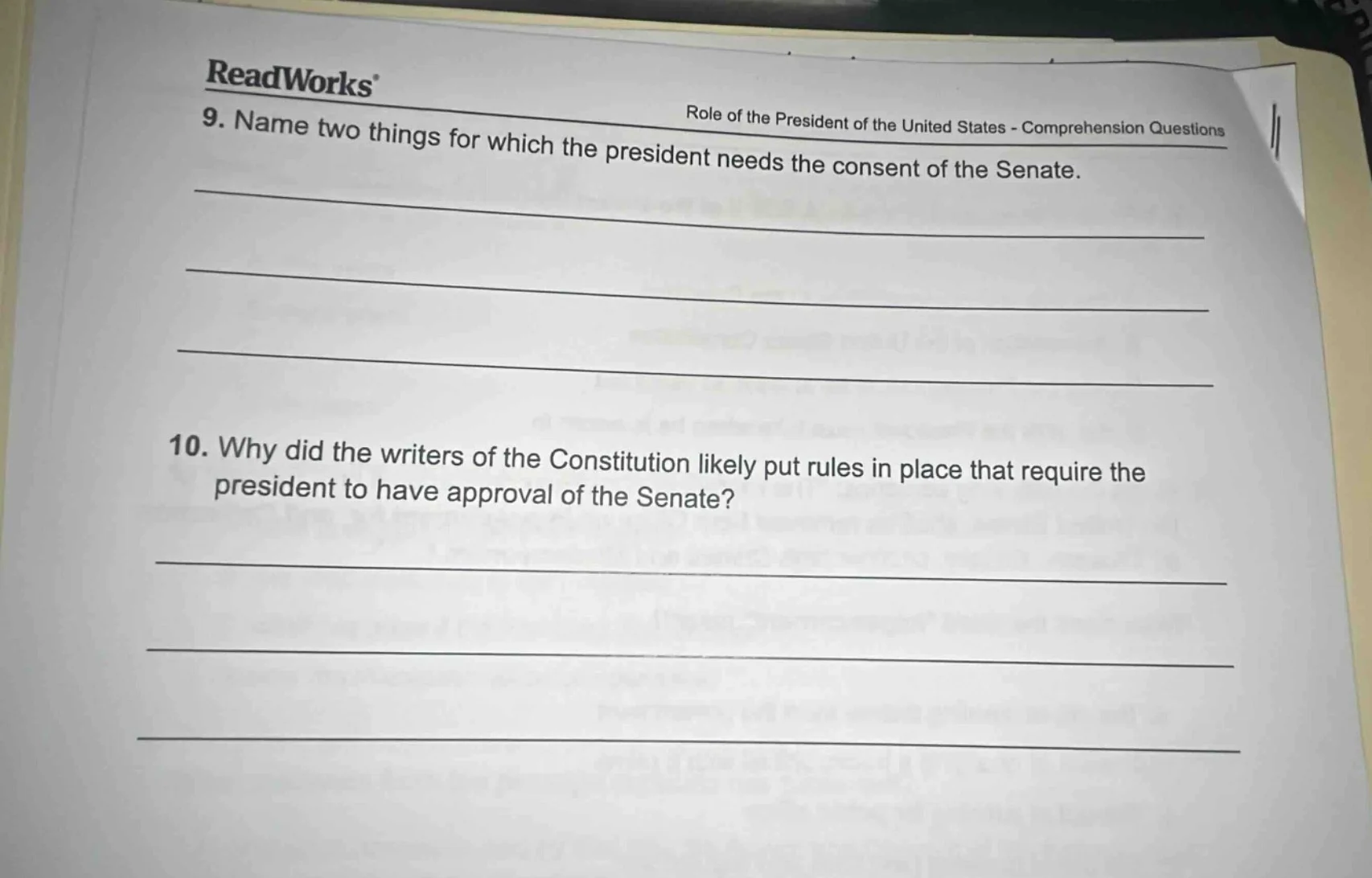 readworks role of the president of the united states - comprehension qu…