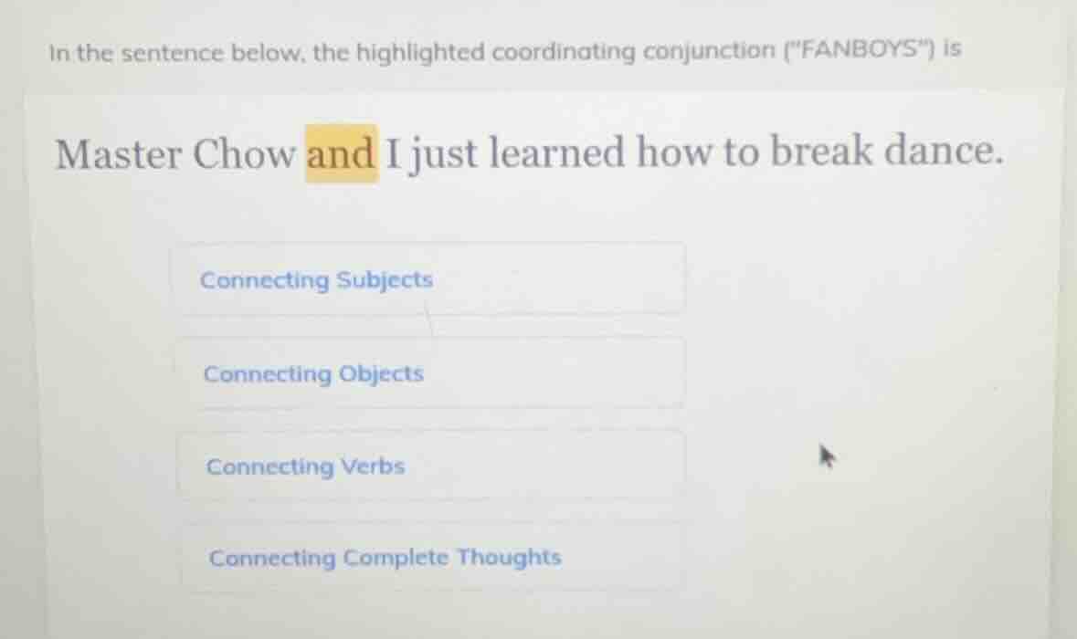 in the sentence below, the highlighted coordinating conjunction (\fanbo…