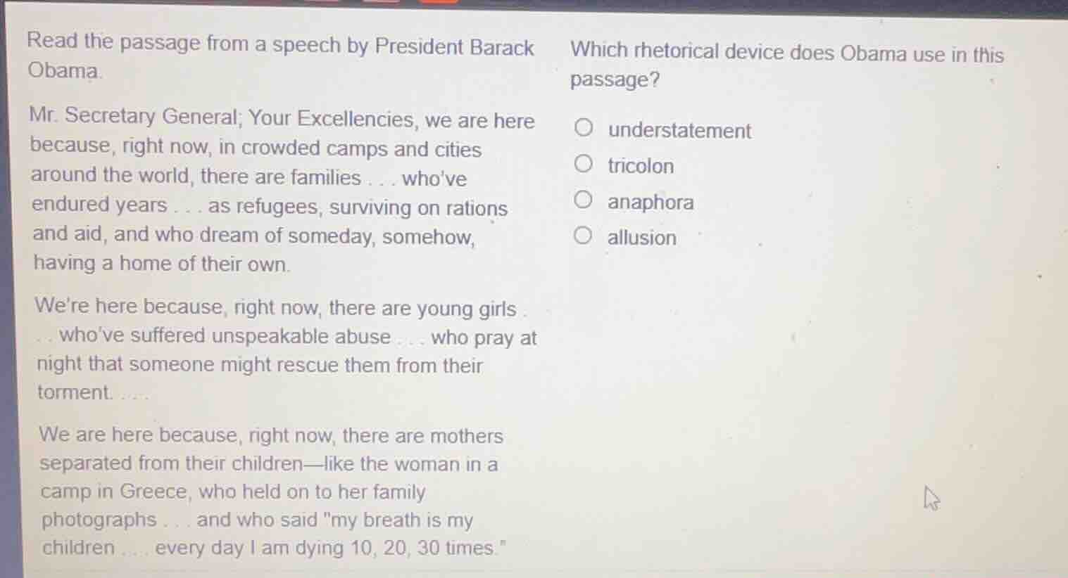 read the passage from a speech by president barack obama. mr. secretary…