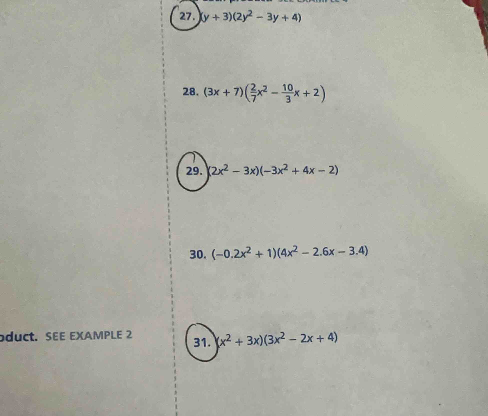 27. $(y + 3)(2y^2 - 3y + 4)$ 28. $(3x + 7)(\\frac{2}{7}x^2 - \\frac{10}…