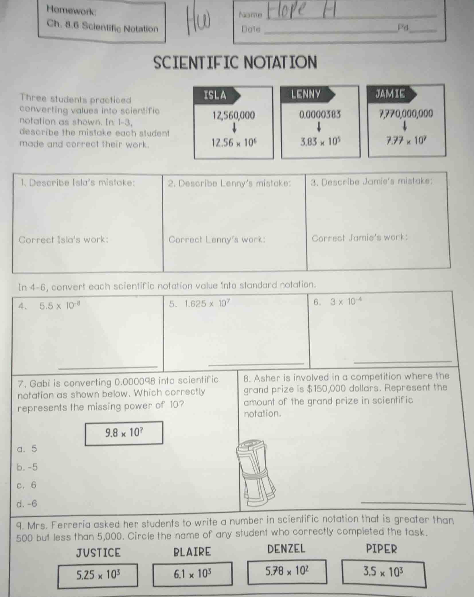 homework: ch. 8.6 scientific notation name elope h date pd scientific n…