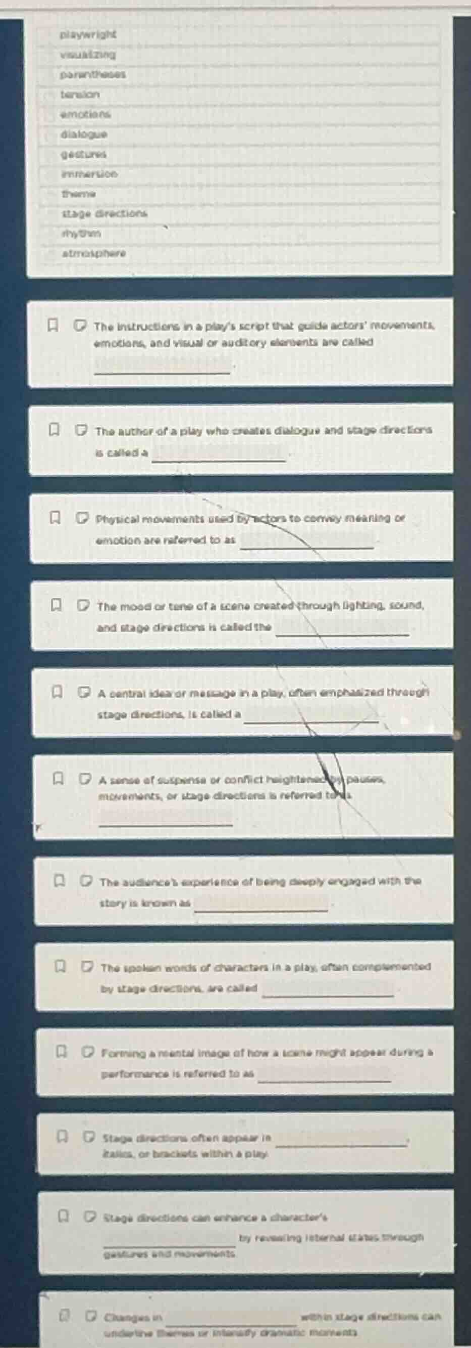 the instructions in a play’s script that guide actors’ movements, emoti…