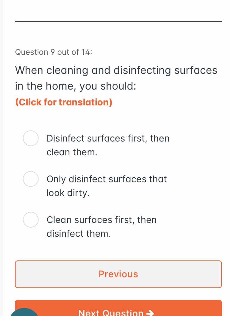 question 9 out of 14: when cleaning and disinfecting surfaces in the ho…