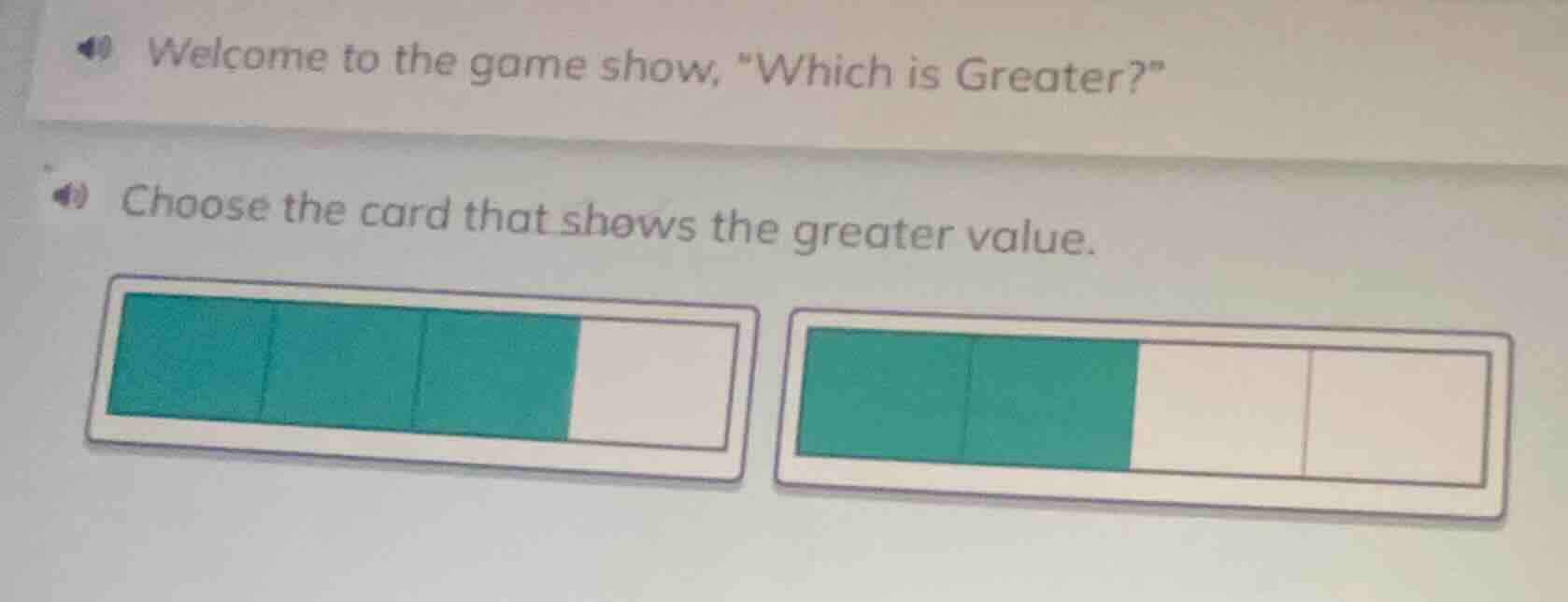 welcome to the game show, \which is greater?\ choose the card that show…