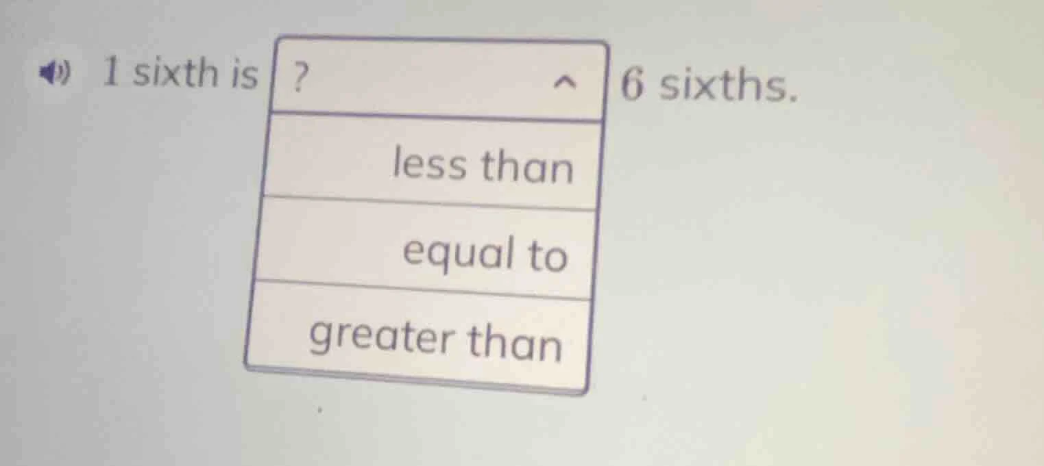 1 sixth is? 6 sixths. less than equal to greater than