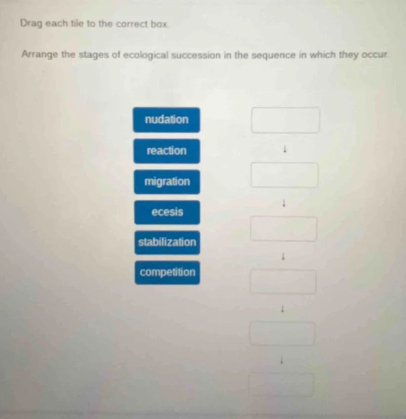 drag each tile to the correct box. arrange the stages of ecological suc…