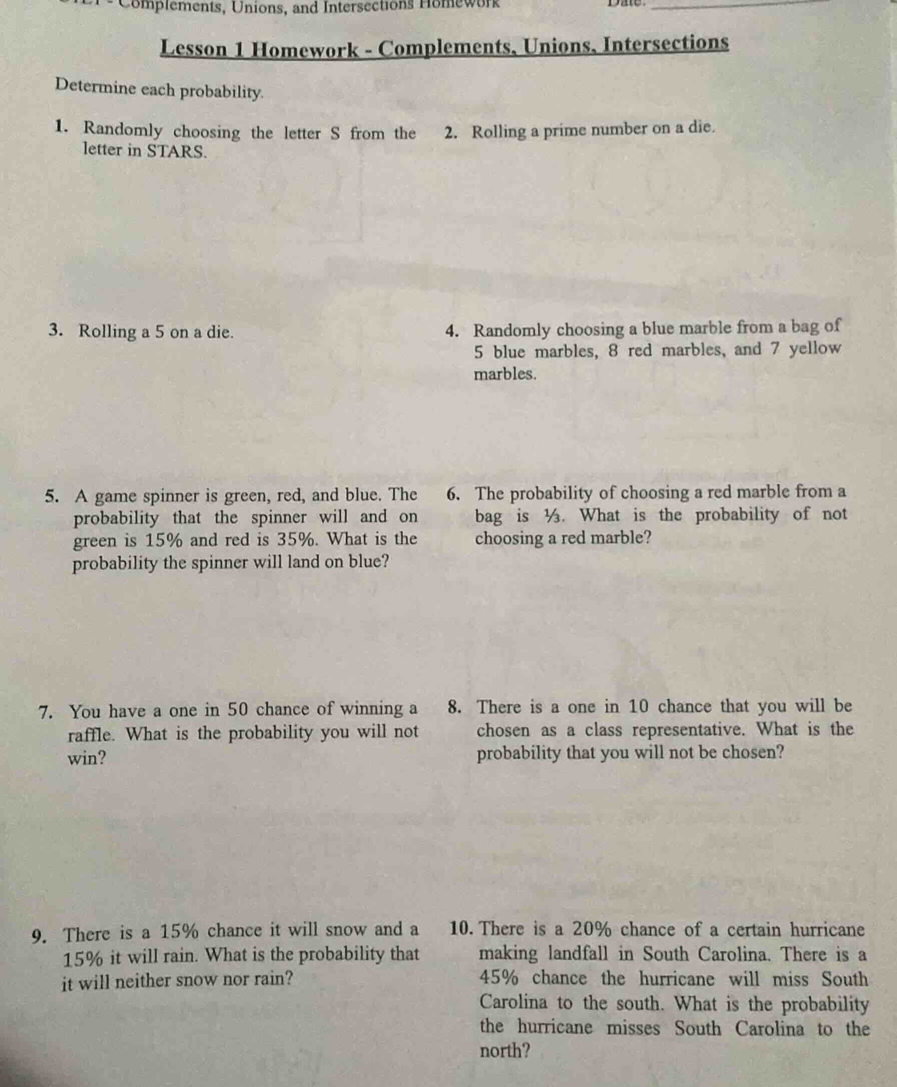 lesson 1 homework - complements, unions, intersections determine each p…