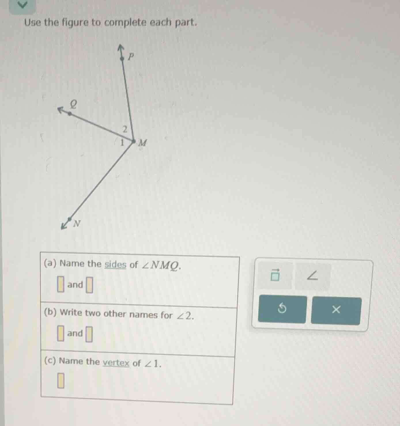use the figure to complete each part. (a) name the sides of $\\angle nm…