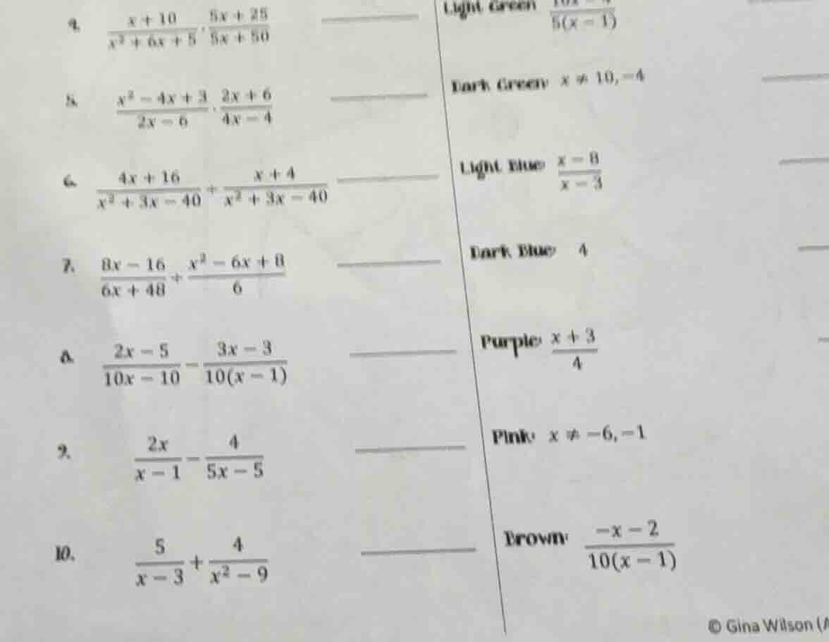 4. \\(\\frac{x + 10}{x^2 + 6x + 5}, \\frac{5x + 25}{5x + 50}\\)\ 5. \\(…