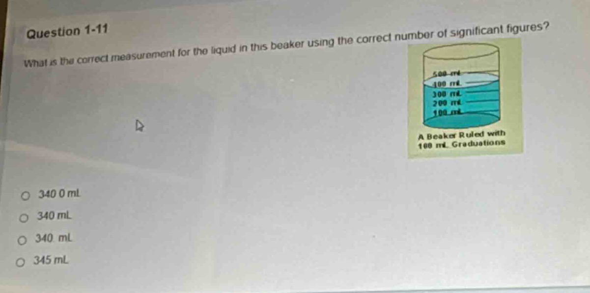 question 1-11 what is the correct measurement for the liquid in this be…
