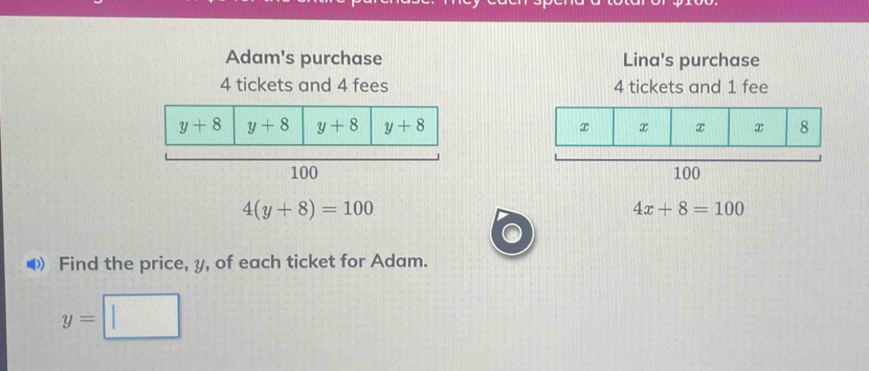 adams purchase 4 tickets and 4 fees $y + 8$ $y + 8$ $y + 8$ $y + 8$ 100…