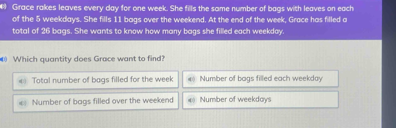 grace rakes leaves every day for one week. she fills the same number of…