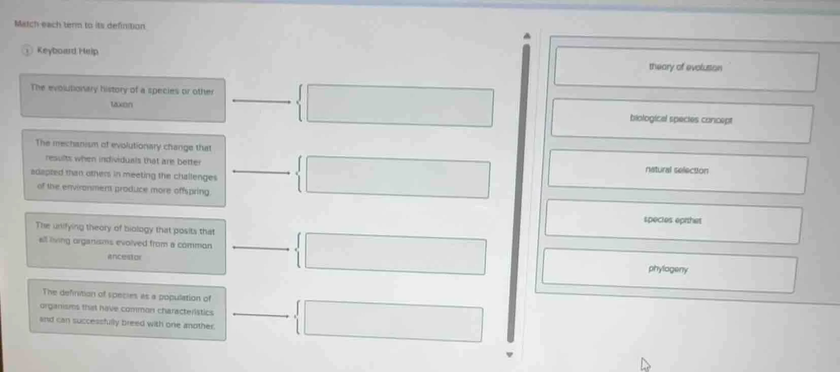 match each term to its definition. keyboard help the evolutionary histo…
