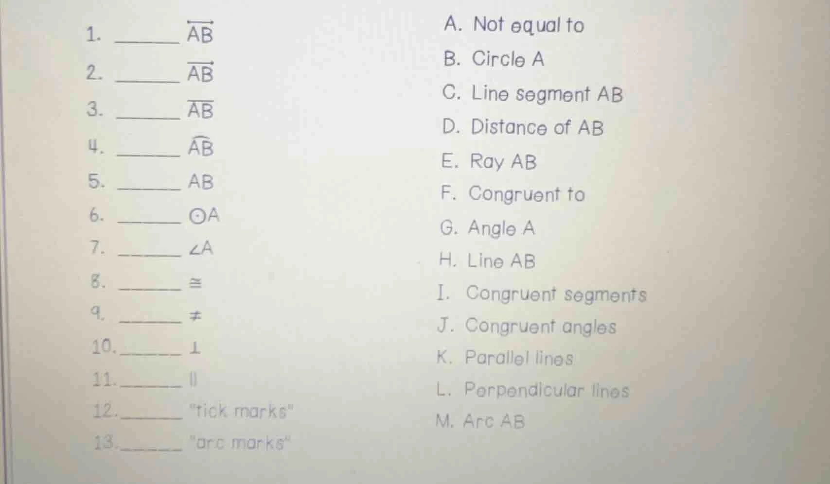 1. ______ \\(\\overleftrightarrow{ab}\\)\ 2. ______ \\(\\overrightarrow…