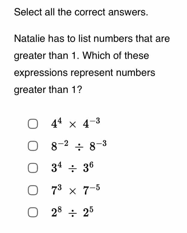 select all the correct answers. natalie has to list numbers that are gr…