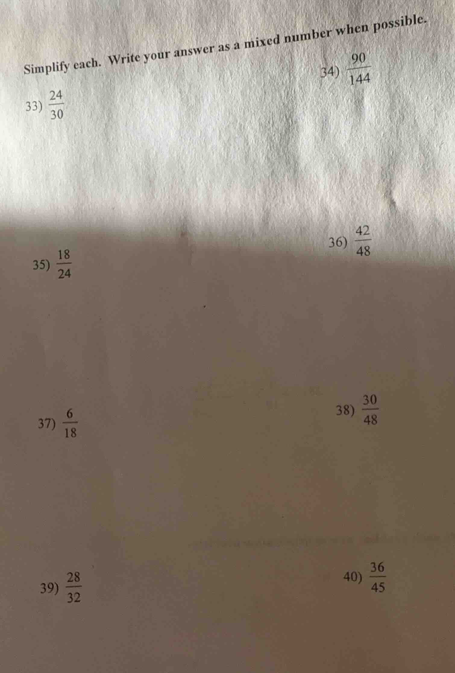 simplify each. write your answer as a mixed number when possible. 33) $…