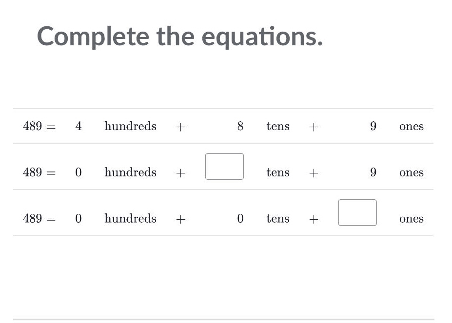 complete the equations. 489 = 4 hundreds + 8 tens + 9 ones 489 = 0 hund…