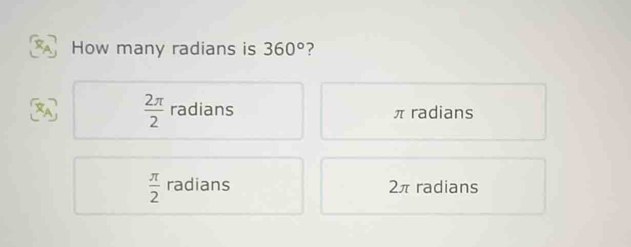 how many radians is 360°? \\(\frac{2pi}{2}\\) radians \\(pi\\) radians …